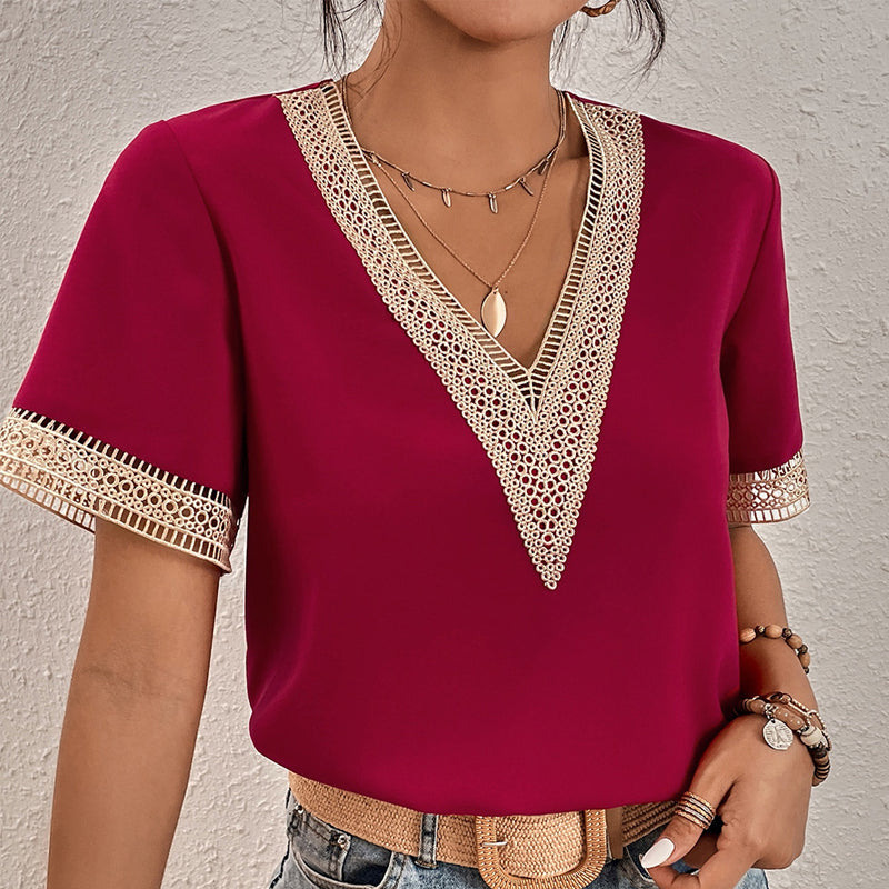 V-Neck Short Sleeve Lace T-Shirt