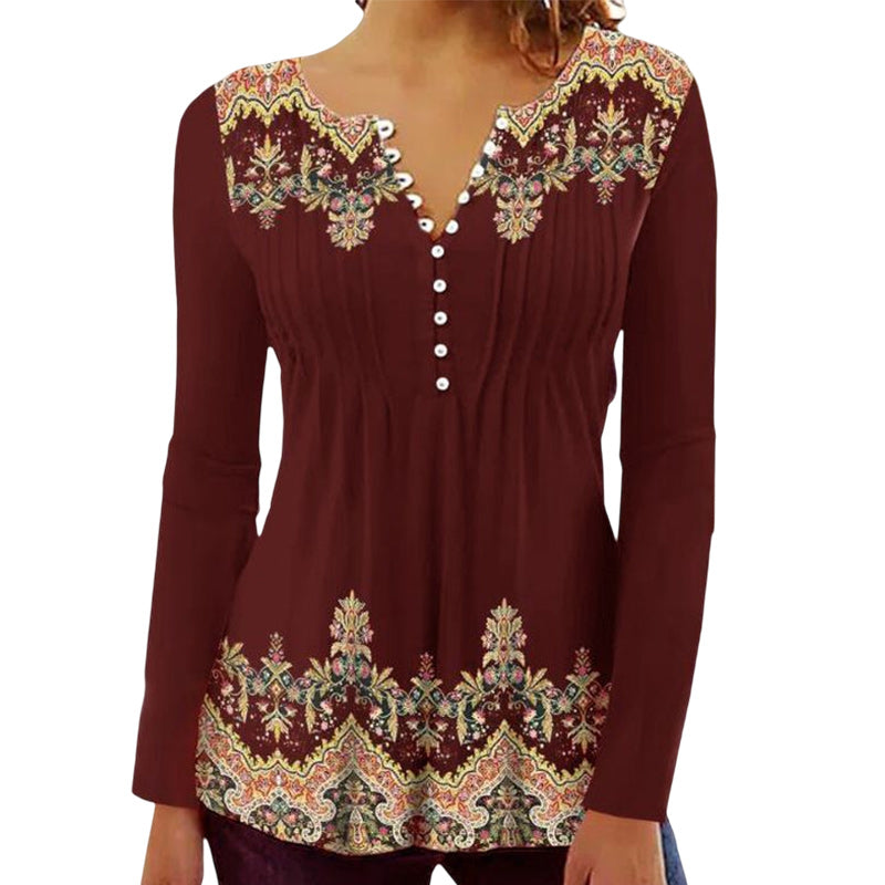 Round Neck Button Print Long Sleeve Top