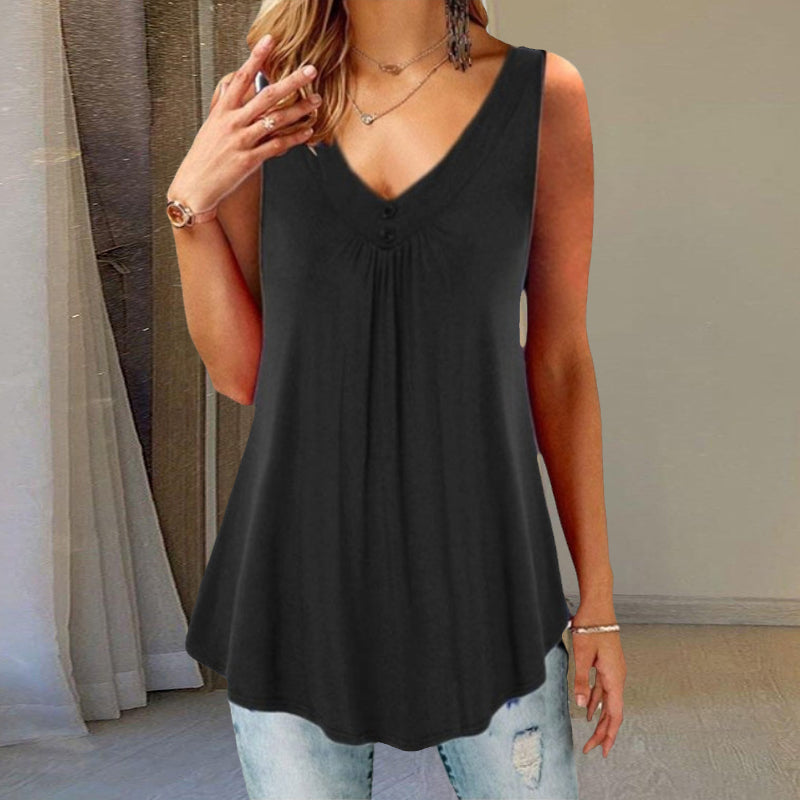 Solid V-Neck Pleated Button T-Shirt