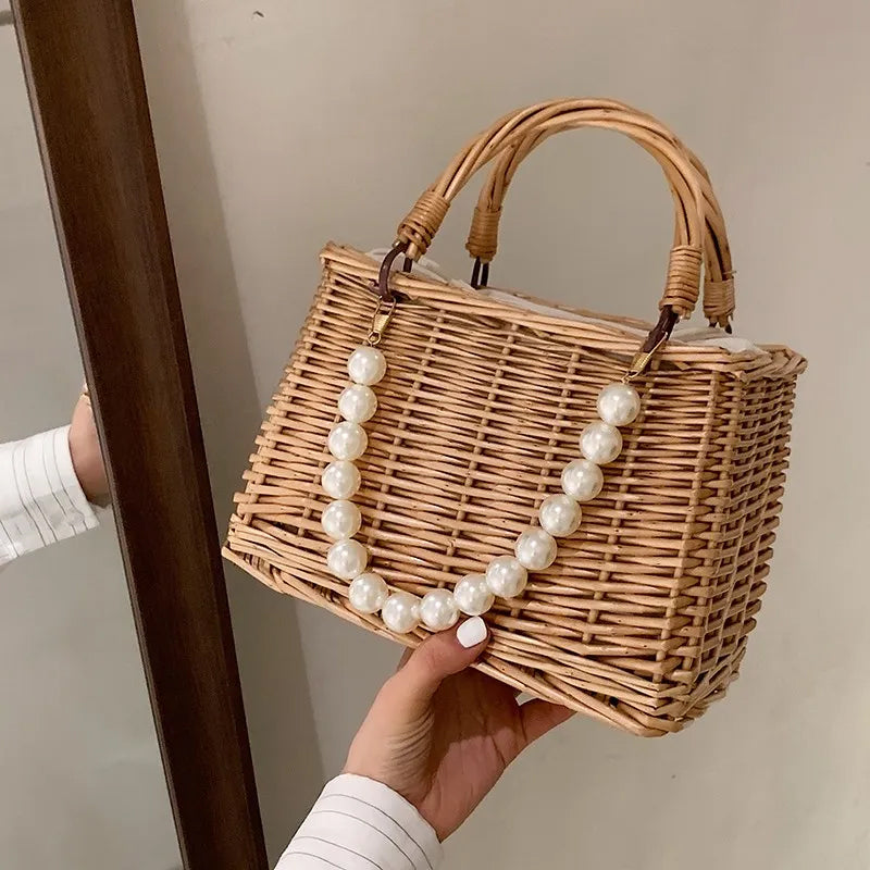Faux Pearl Handle Straw Square Bag
