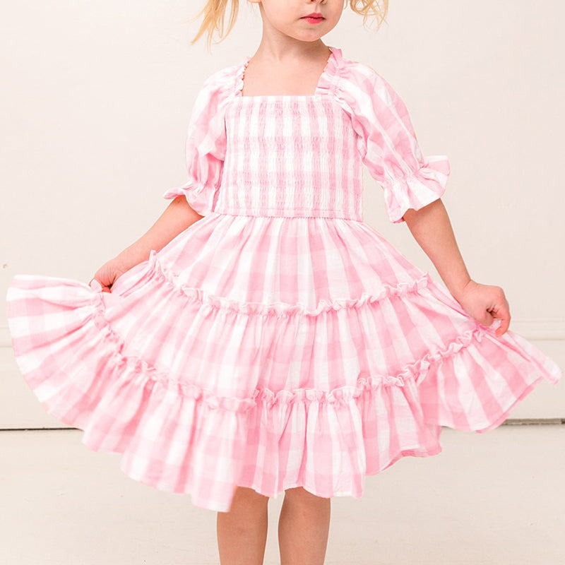 Children's Square Neck Lantern Sleeve Floral Plaid Dress