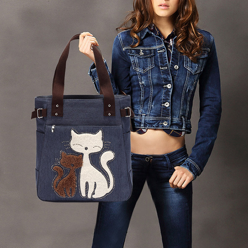 Large Capacity Cat Printing Canvas Shoulder Bag