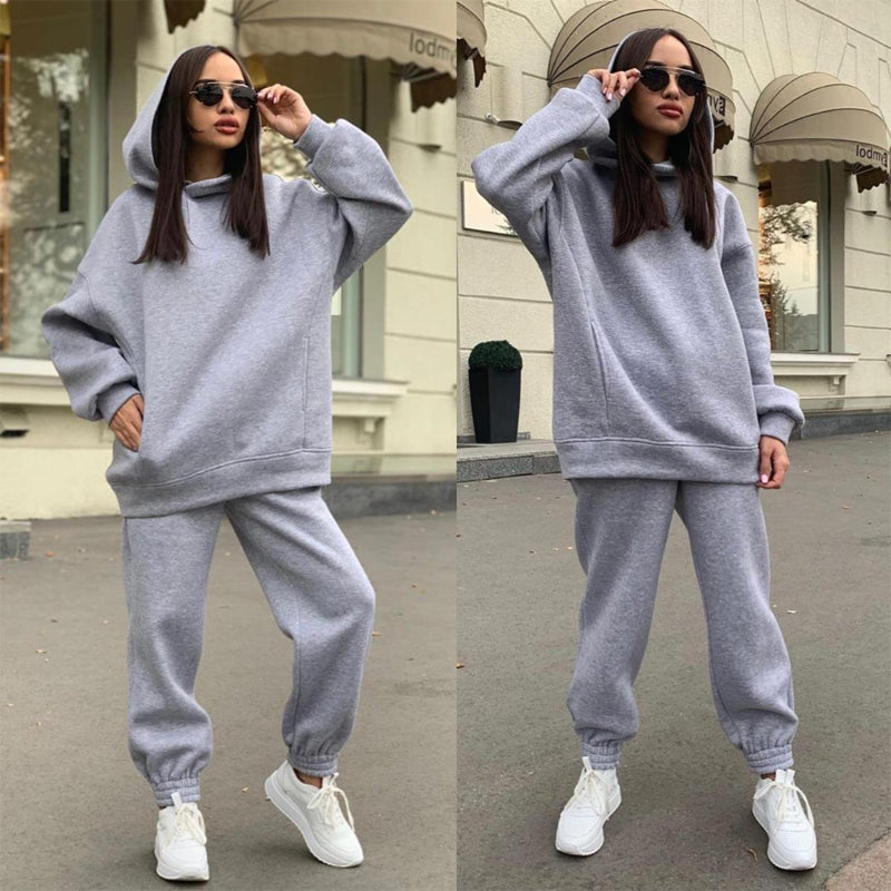 Women's Autumn/Winter Solid Color Hoodie Two Piece Set