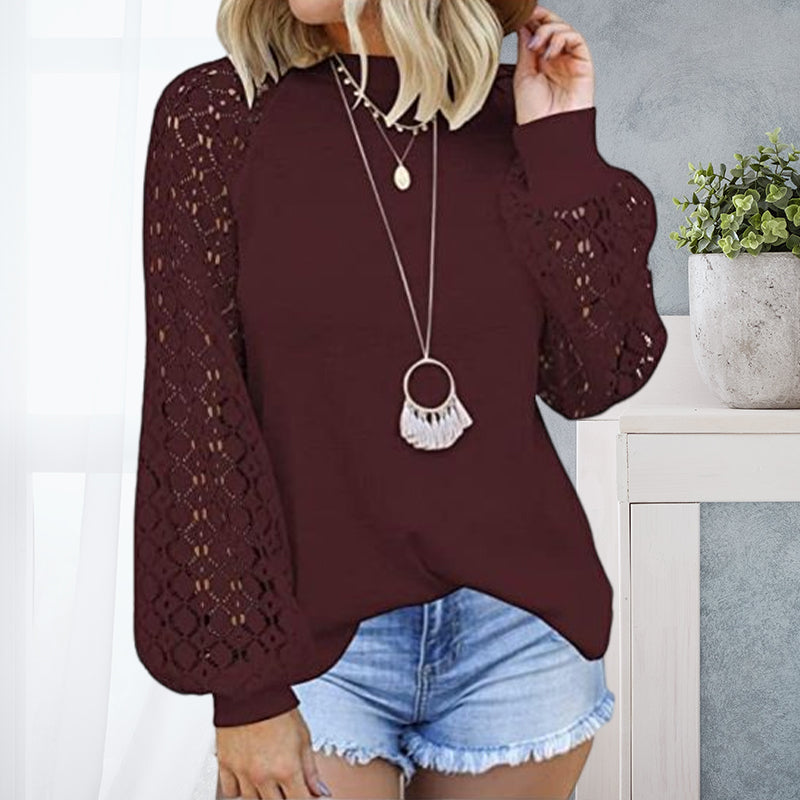 Round Neck Long Sleeve Lace Panel Loose T-Shirt