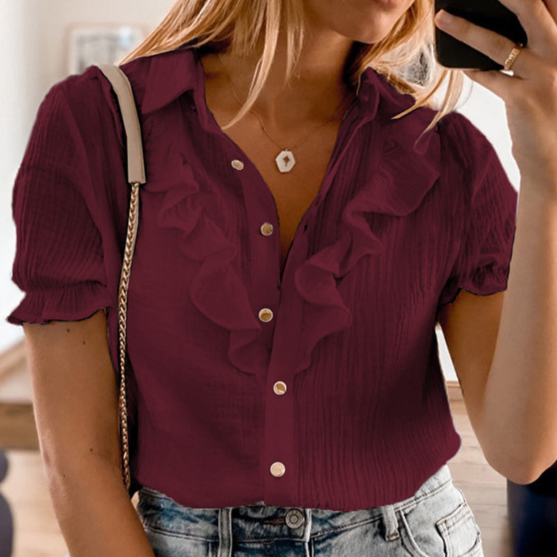 Ruffled Single-breasted Lapel Collar Shirt