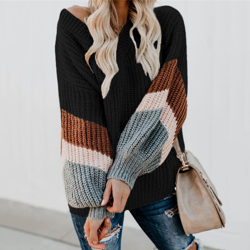 V-Neck Balloon Sleeve Striped Colorblock Knit Sweater