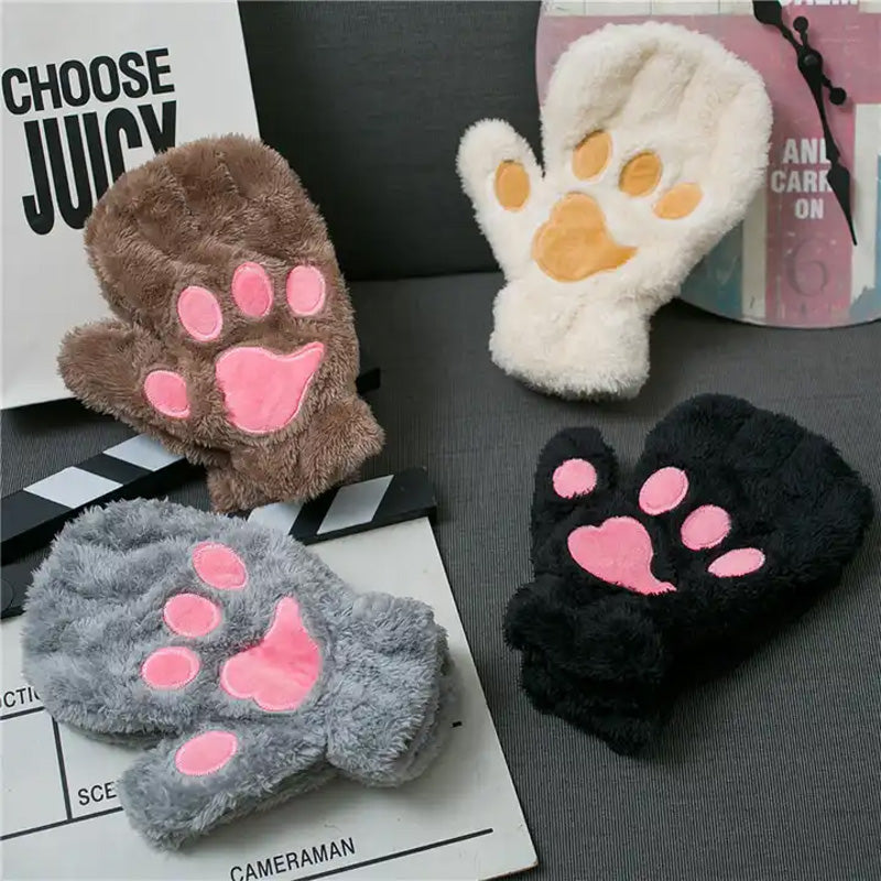 Thickened plush cat claw gloves