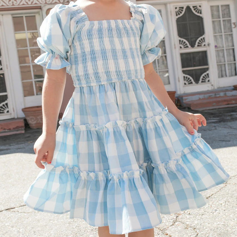 Children's Square Neck Lantern Sleeve Floral Plaid Dress