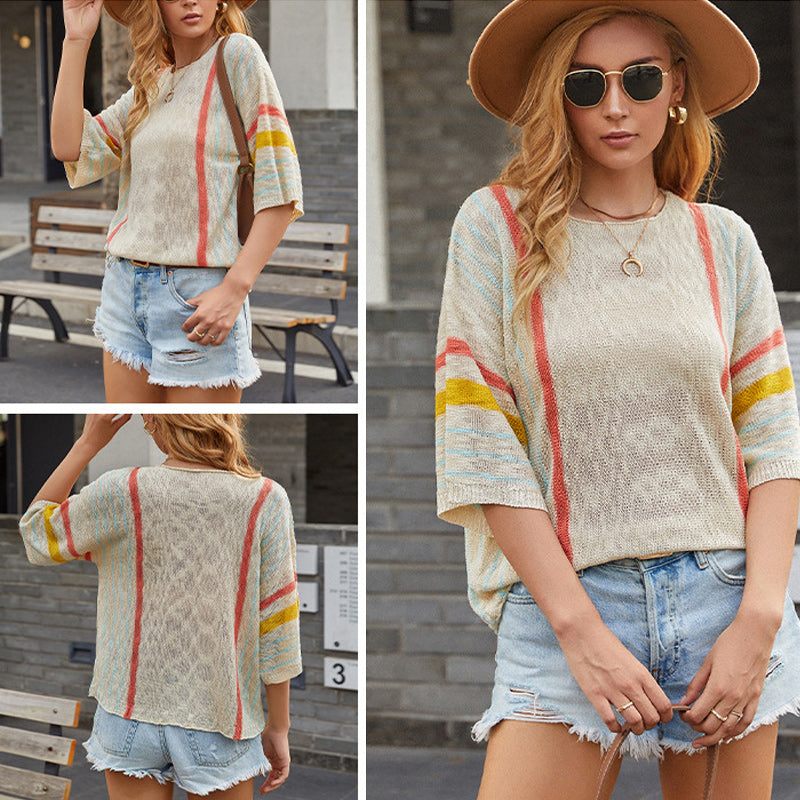 Colorblock Striped 3/4 Sleeve Knit Sweater