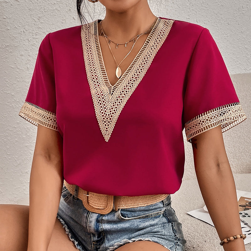 V-Neck Short Sleeve Lace T-Shirt