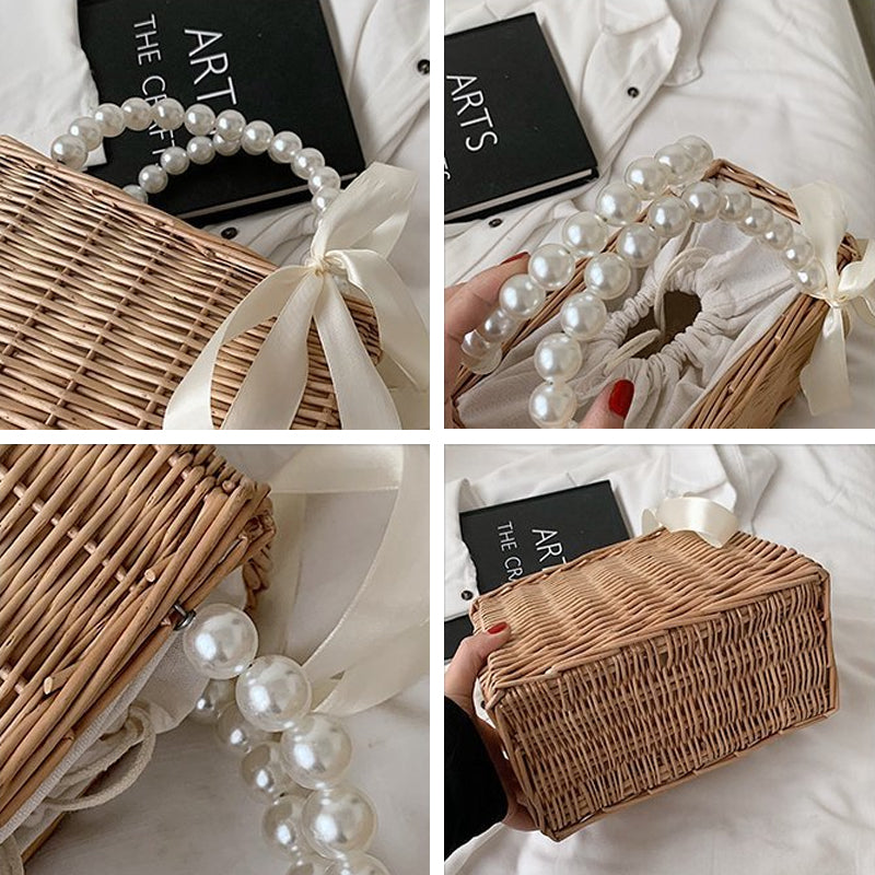 Faux Pearl Handle Straw Square Bag