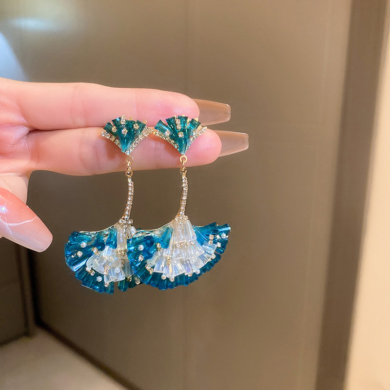 Diamond Encrusted Crystal Fan-Shaped Ginkgo Leaf Earrings