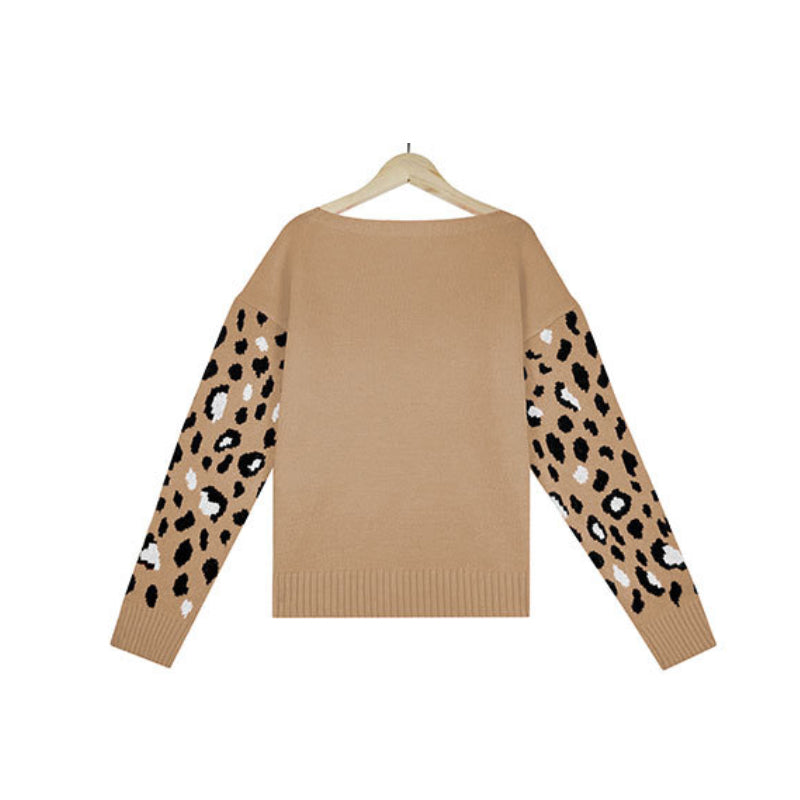 Leopard Print Crew Neck Knit Sweater