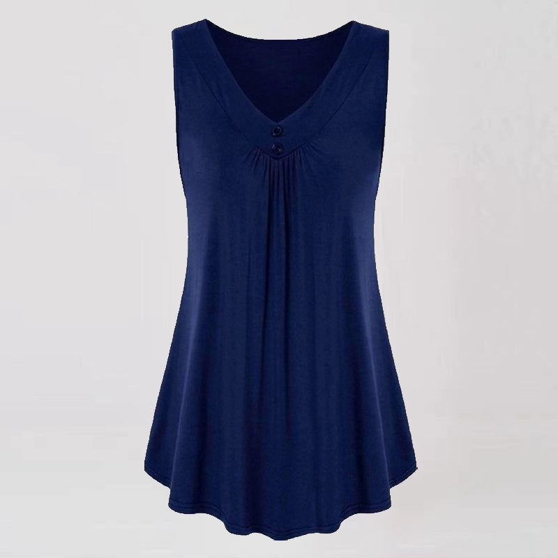 Solid V-Neck Pleated Button T-Shirt