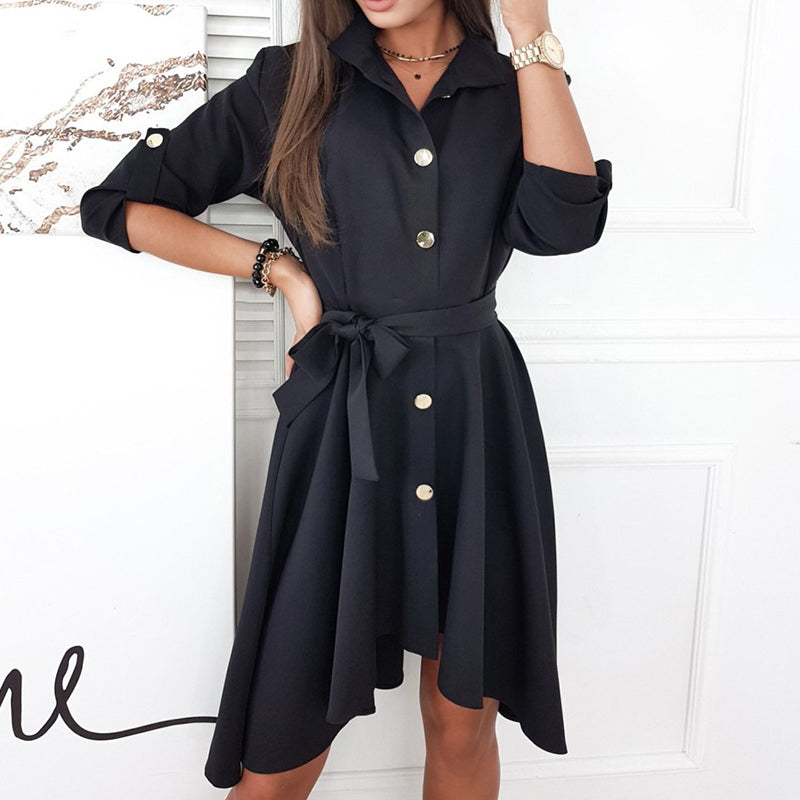 Solid Color Waist Button Belt Dress