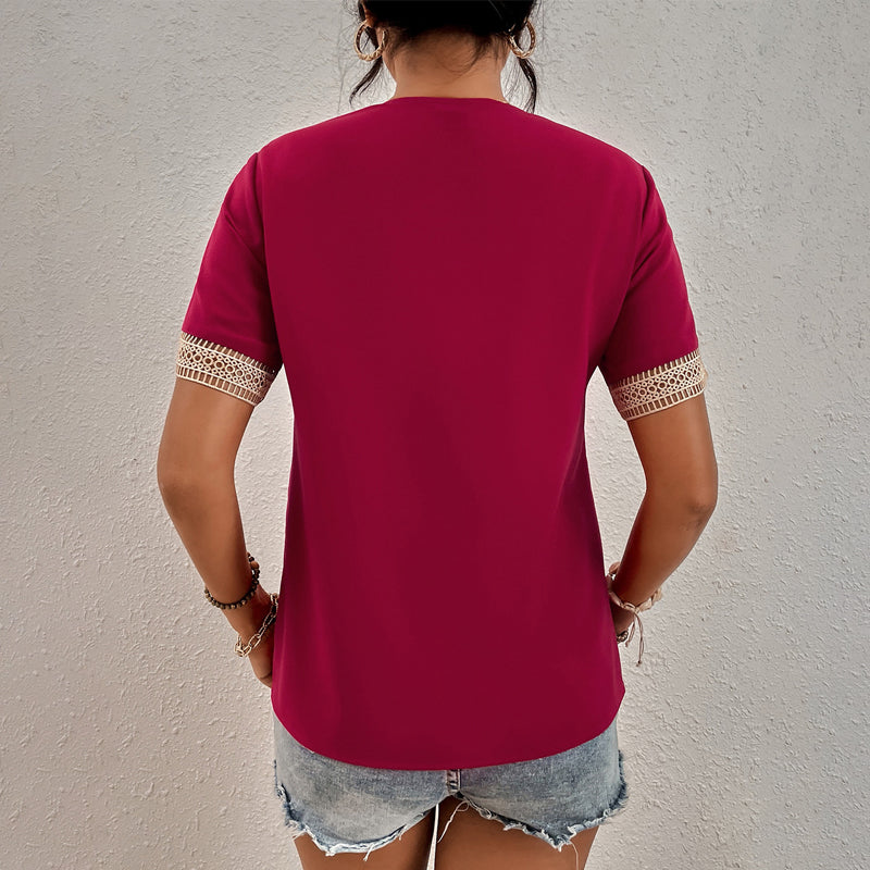 V-Neck Short Sleeve Lace T-Shirt