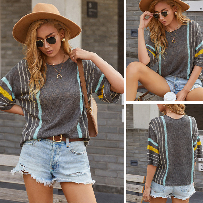 Colorblock Striped 3/4 Sleeve Knit Sweater