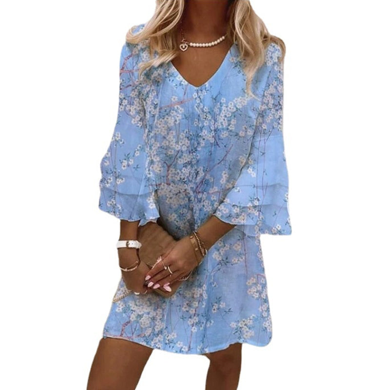 Watercolor Floral Print Ruffle Sleeves Mini Dress