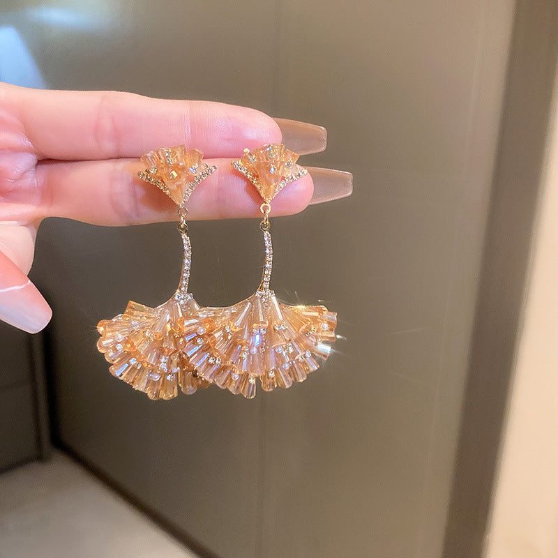 Diamond Encrusted Crystal Fan-Shaped Ginkgo Leaf Earrings