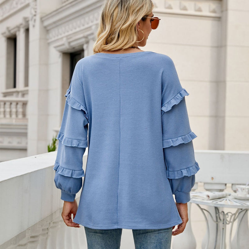 Waffle Ruffled V-neck Loose T-shirt