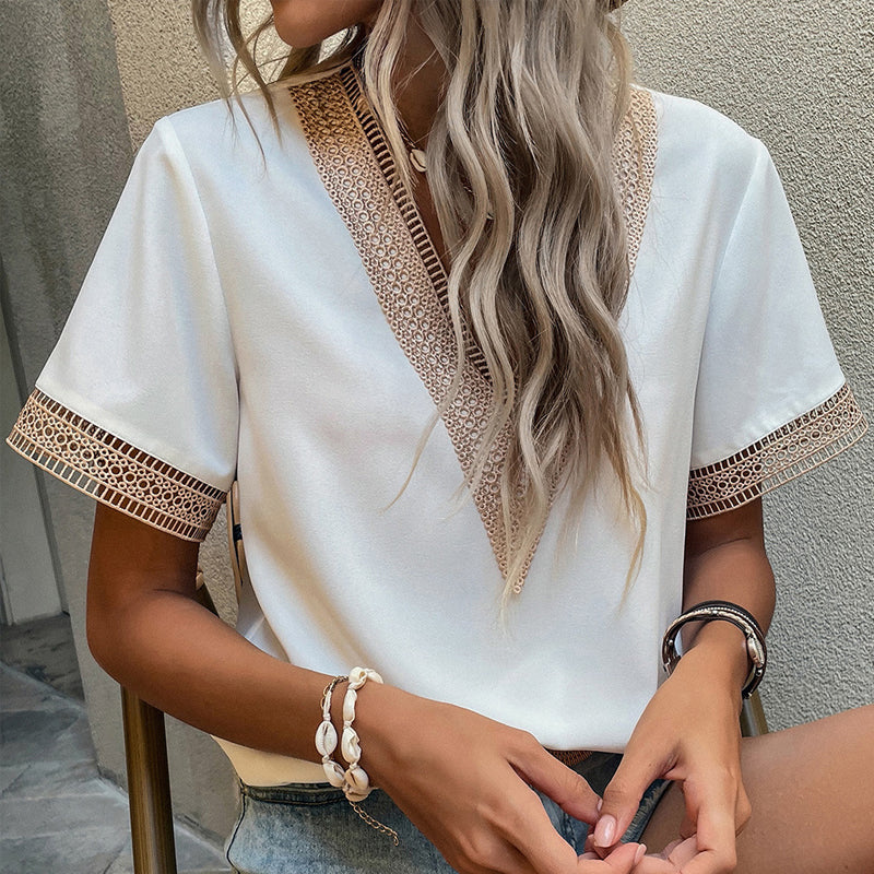 V-Neck Short Sleeve Lace T-Shirt