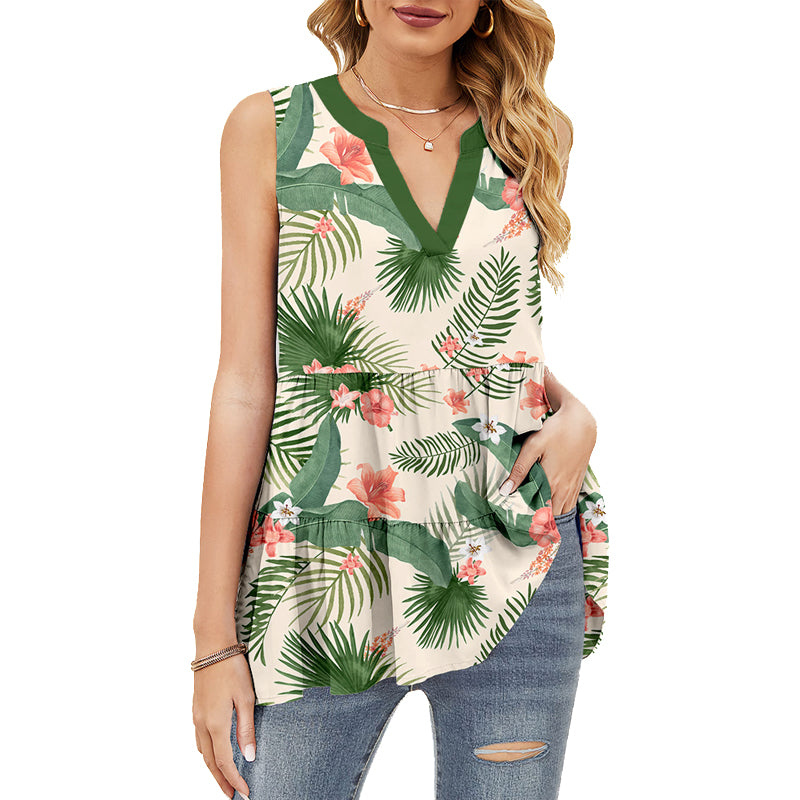 Loose Sleeveless Printed V-neck T-shirt