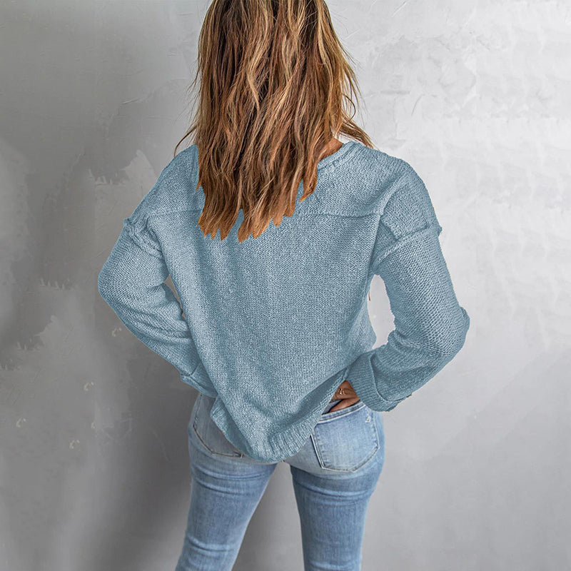 Button Knit Dropped Shoulder Sweater