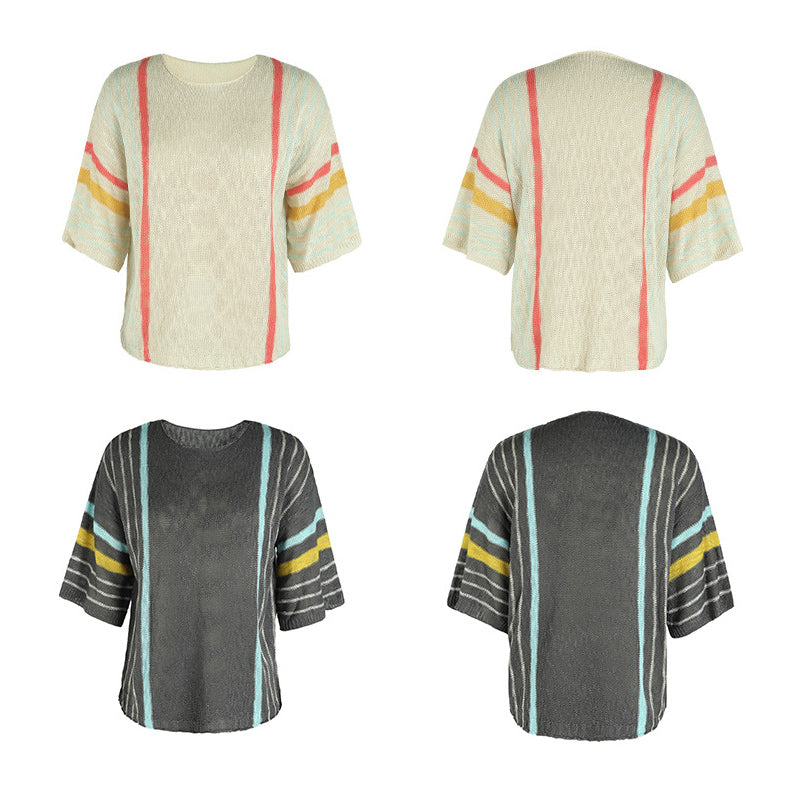 Colorblock Striped 3/4 Sleeve Knit Sweater