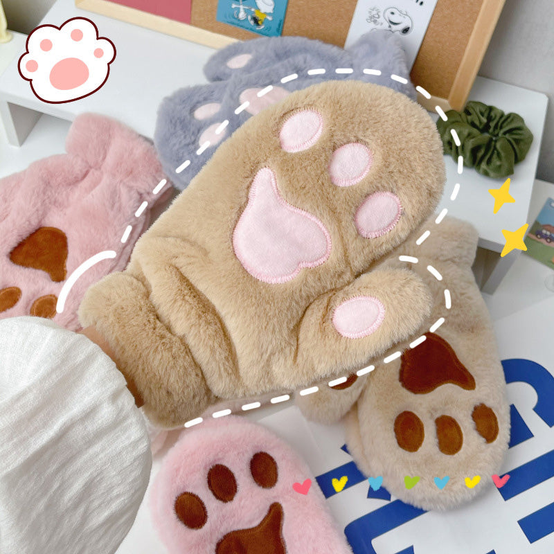 Thickened plush cat claw gloves