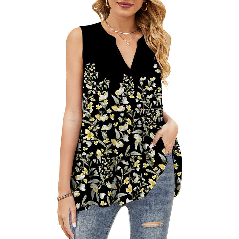 Loose Sleeveless Printed V-neck T-shirt
