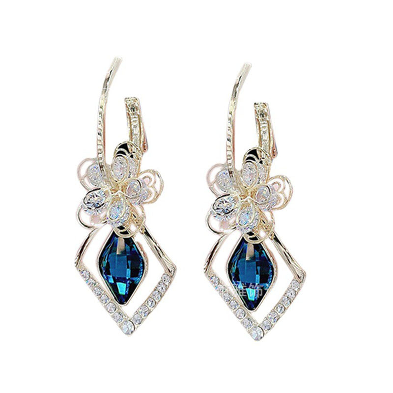 Flower Zircon Rhombic Sapphire Drop Earrings