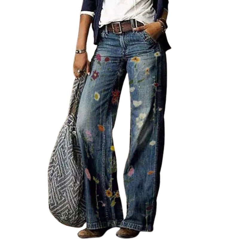 Women's Printed Wide Leg Denim Pants