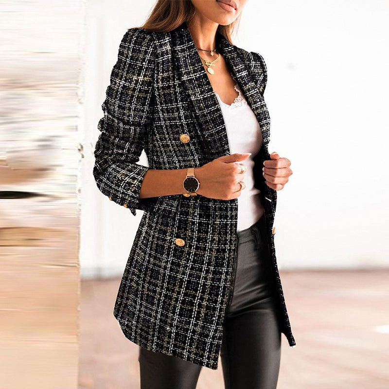 Fashion Double-breasted Blazer Plaid Jacket