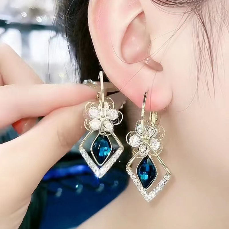 Flower Zircon Rhombic Sapphire Drop Earrings