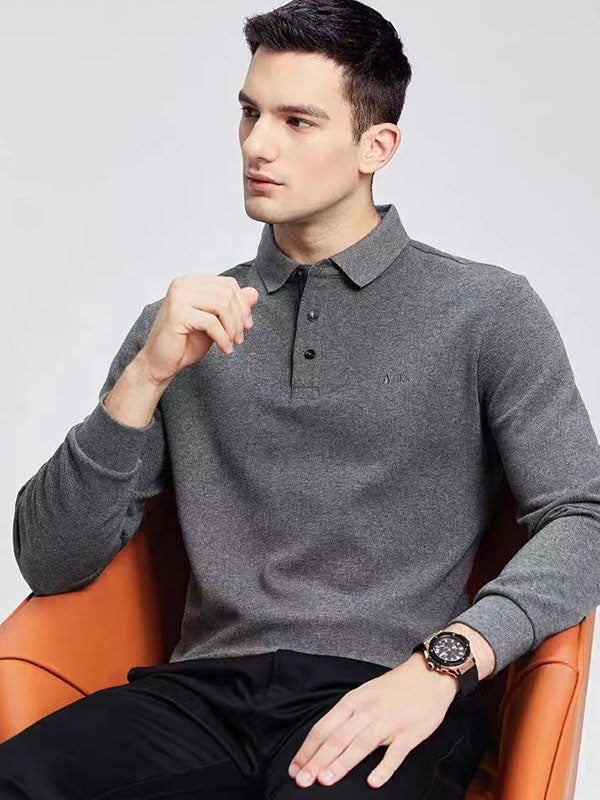 Men's Plain Embroidery Long Sleeve Polo Shirt