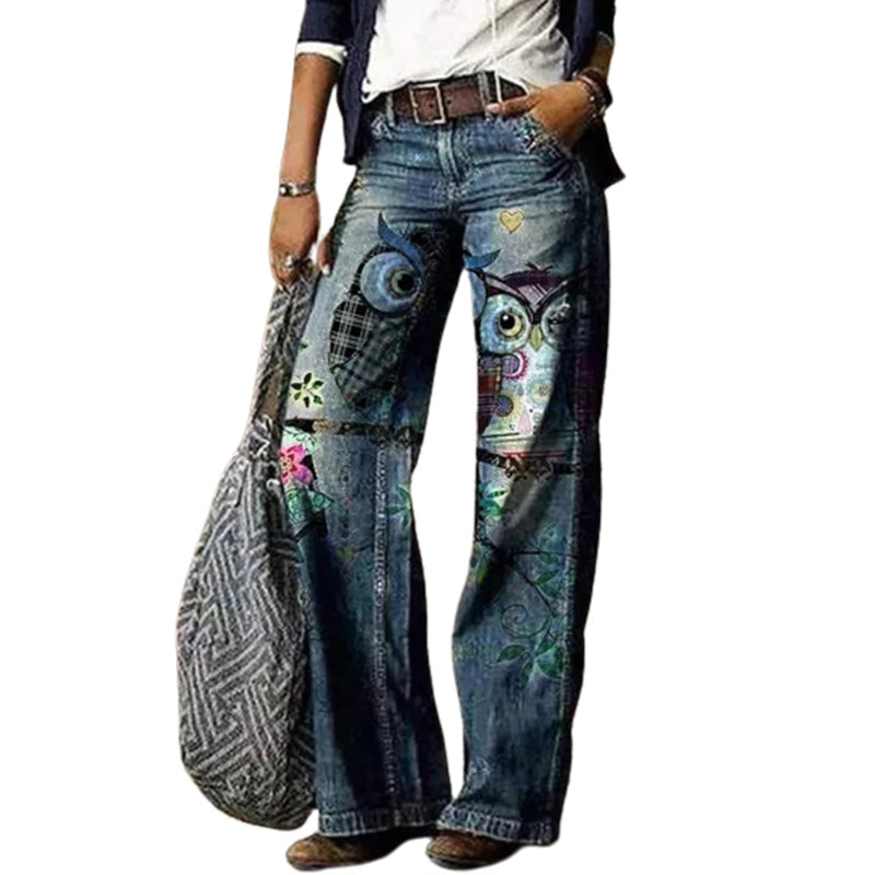 Women's Printed Wide Leg Denim Pants