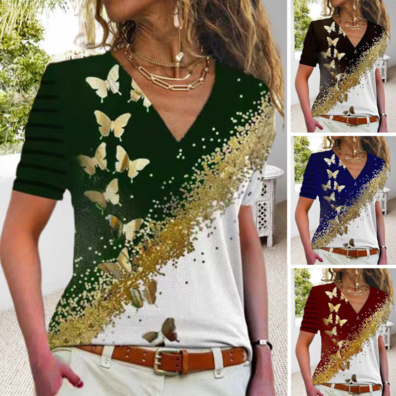 Butterfly Print V-Neck T-Shirt