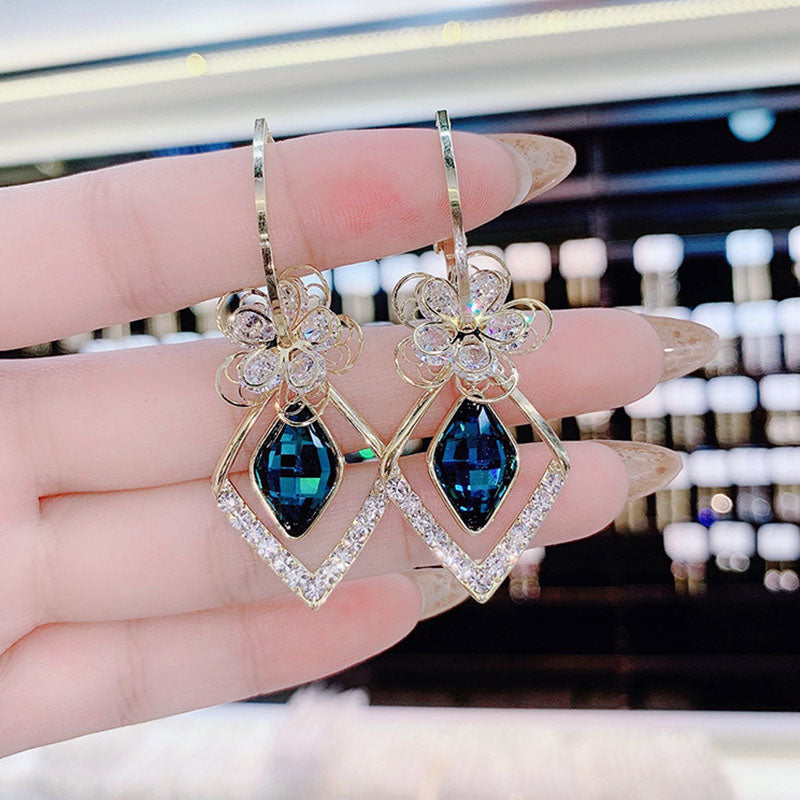 Flower Zircon Rhombic Sapphire Drop Earrings