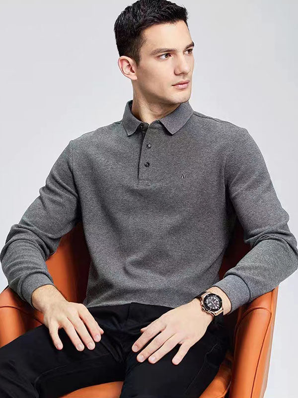 Men's Plain Embroidery Long Sleeve Polo Shirt