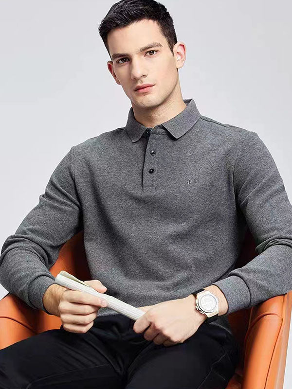 Men's Plain Embroidery Long Sleeve Polo Shirt
