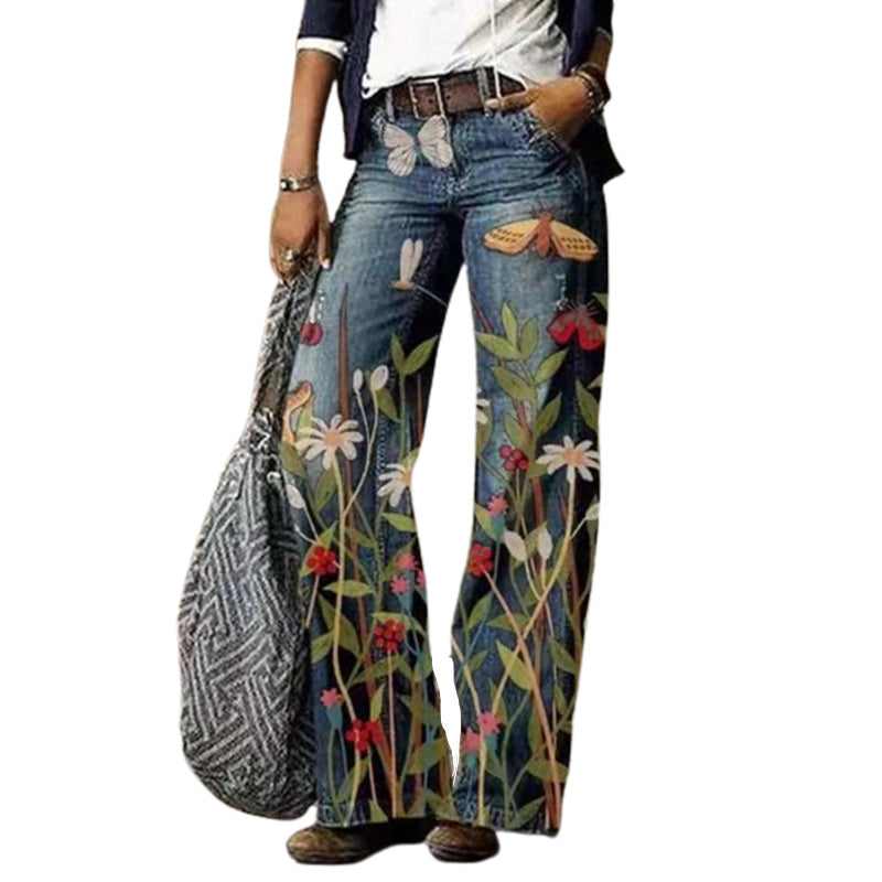 Women's Printed Wide Leg Denim Pants