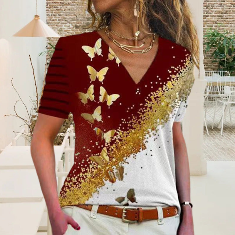 Butterfly Print V-Neck T-Shirt