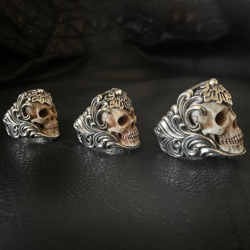 Vintage polish floral armor antler skull ring
