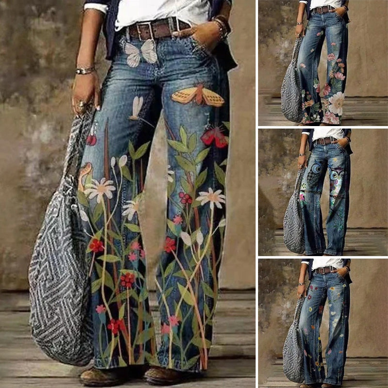 Women's Printed Wide Leg Denim Pants