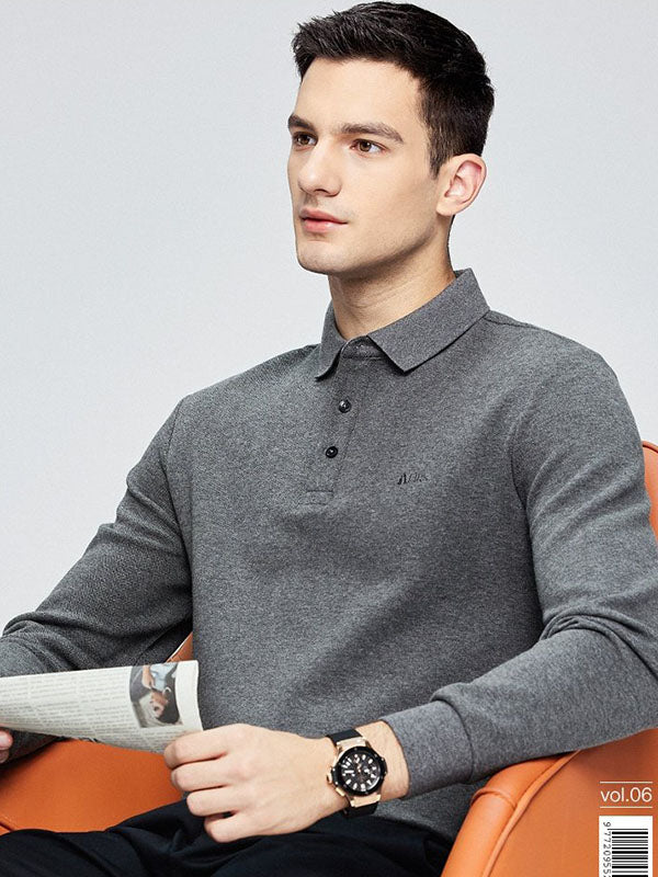 Men's Plain Embroidery Long Sleeve Polo Shirt