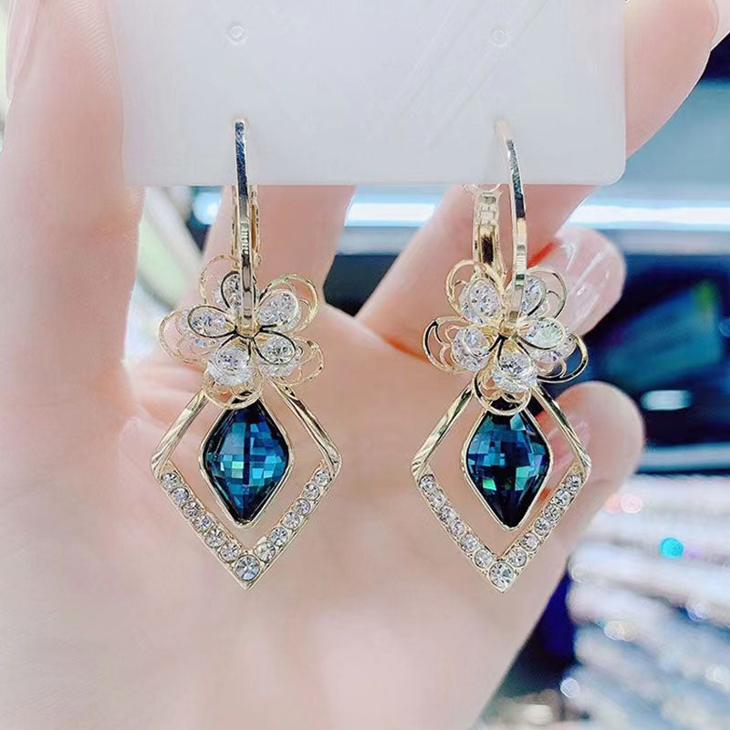 Flower Zircon Rhombic Sapphire Drop Earrings