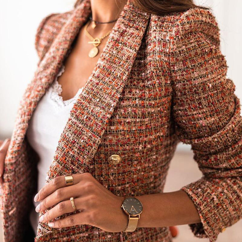 Fashion Double-breasted Blazer Plaid Jacket