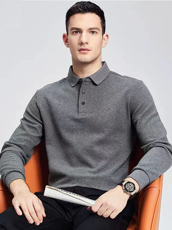 Men's Plain Embroidery Long Sleeve Polo Shirt