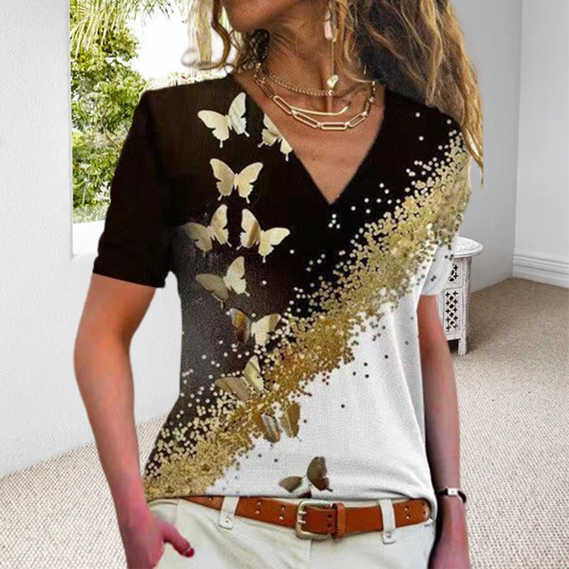 Butterfly Print V-Neck T-Shirt