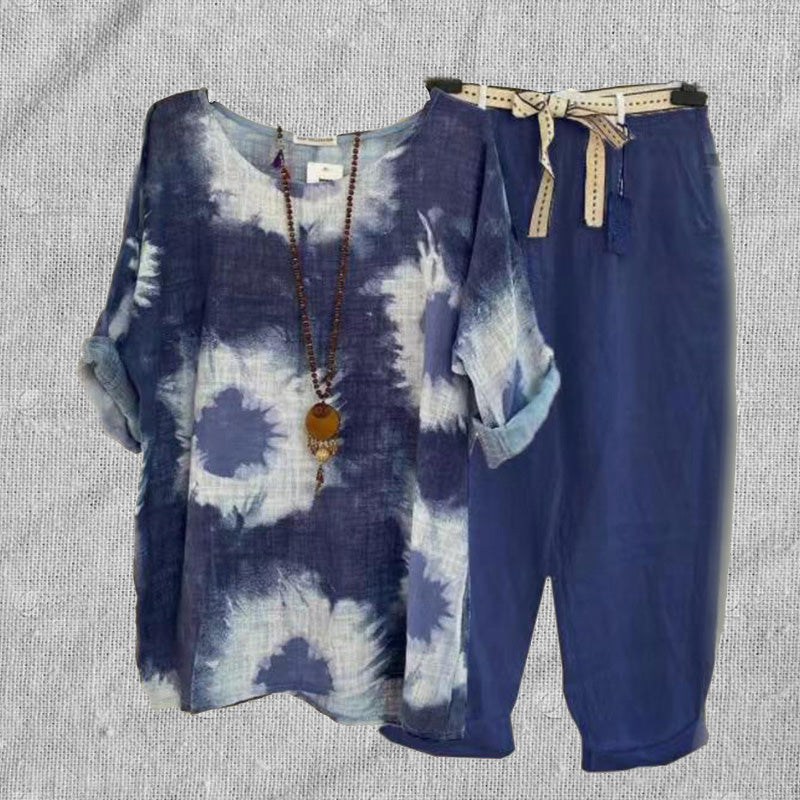 Cotton and Linen Print Casual Two-piece Set